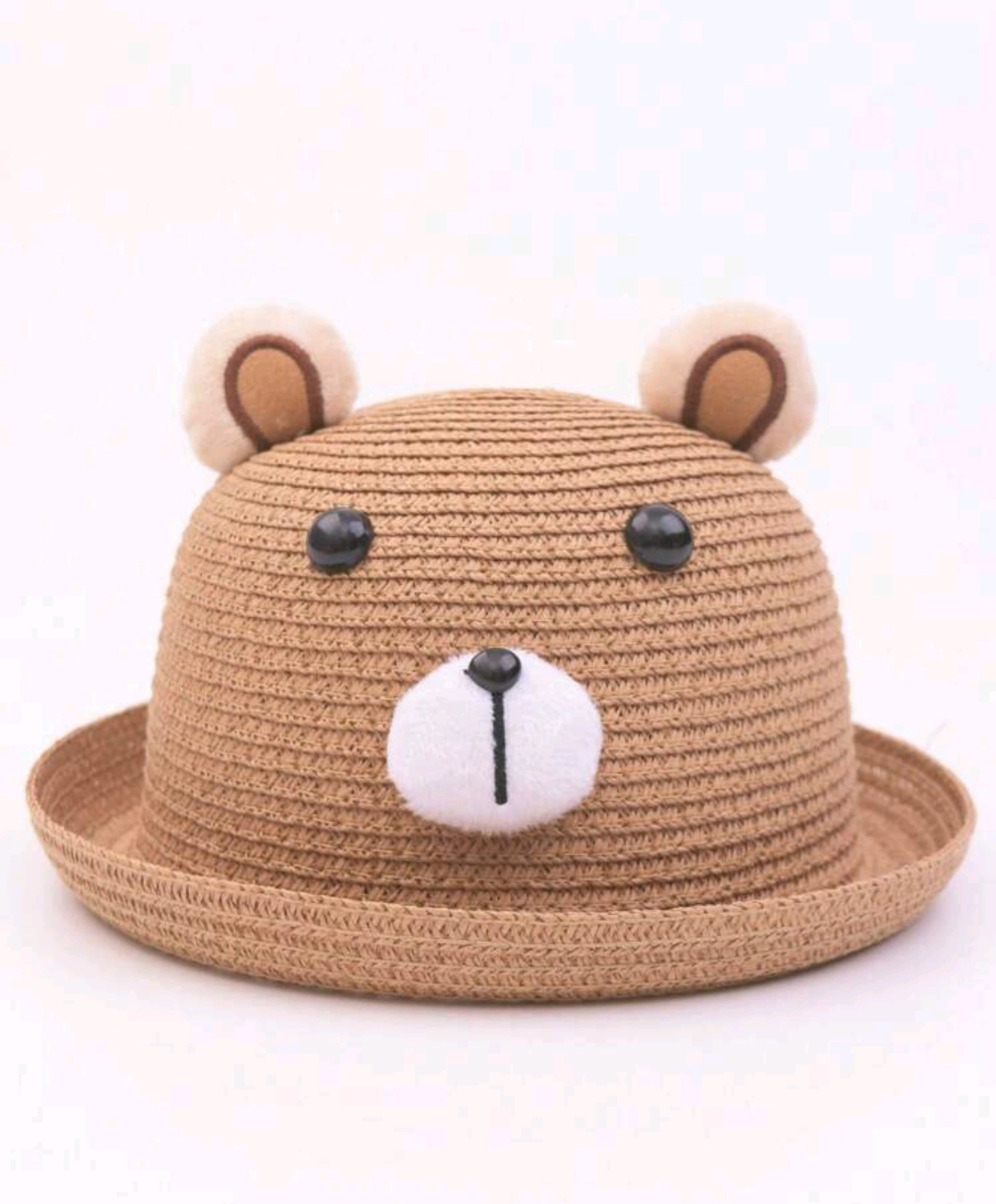 1pc Cute Cartoon Bear Nose Straw Hat For Kids, Outdoor Sun Hat With Rolled Brim, Suitable For Boys And Girls, Daily Use In Summer