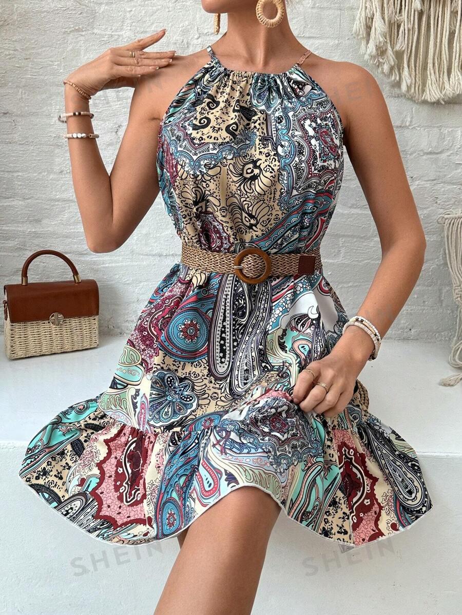 SHEIN VCAY Paisley Print Knotted Back Halter Dress (No Belt Included) SKU: sz2312225744634244