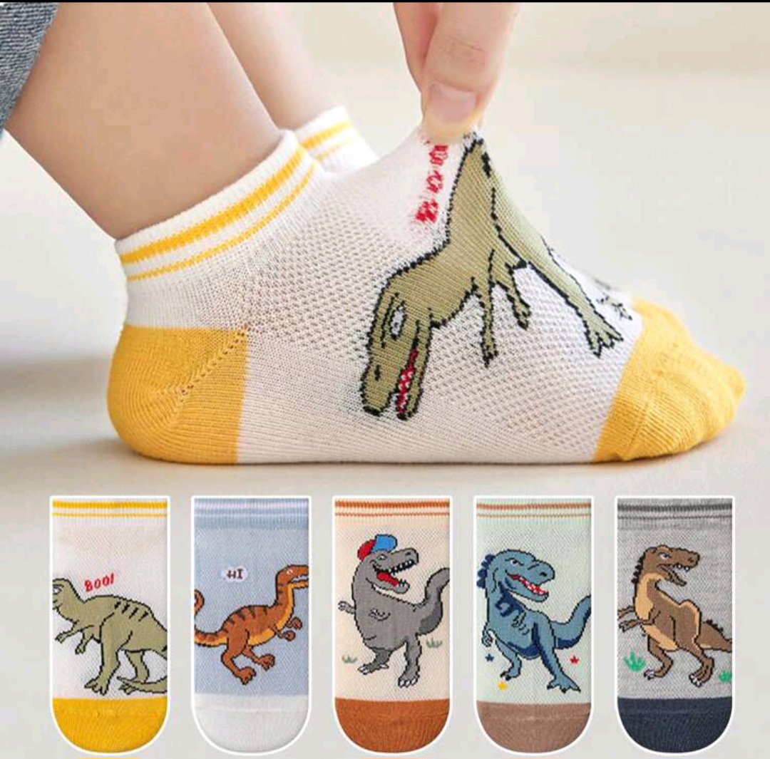 5 пар 5pairs Children's Cartoon Dinosaur Pattern Mesh Short Socks For Boys, Four Season