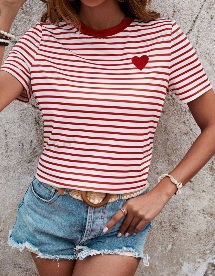 SHEIN Frenchy Summer Women's Striped Heart Embroidered T-Shirt