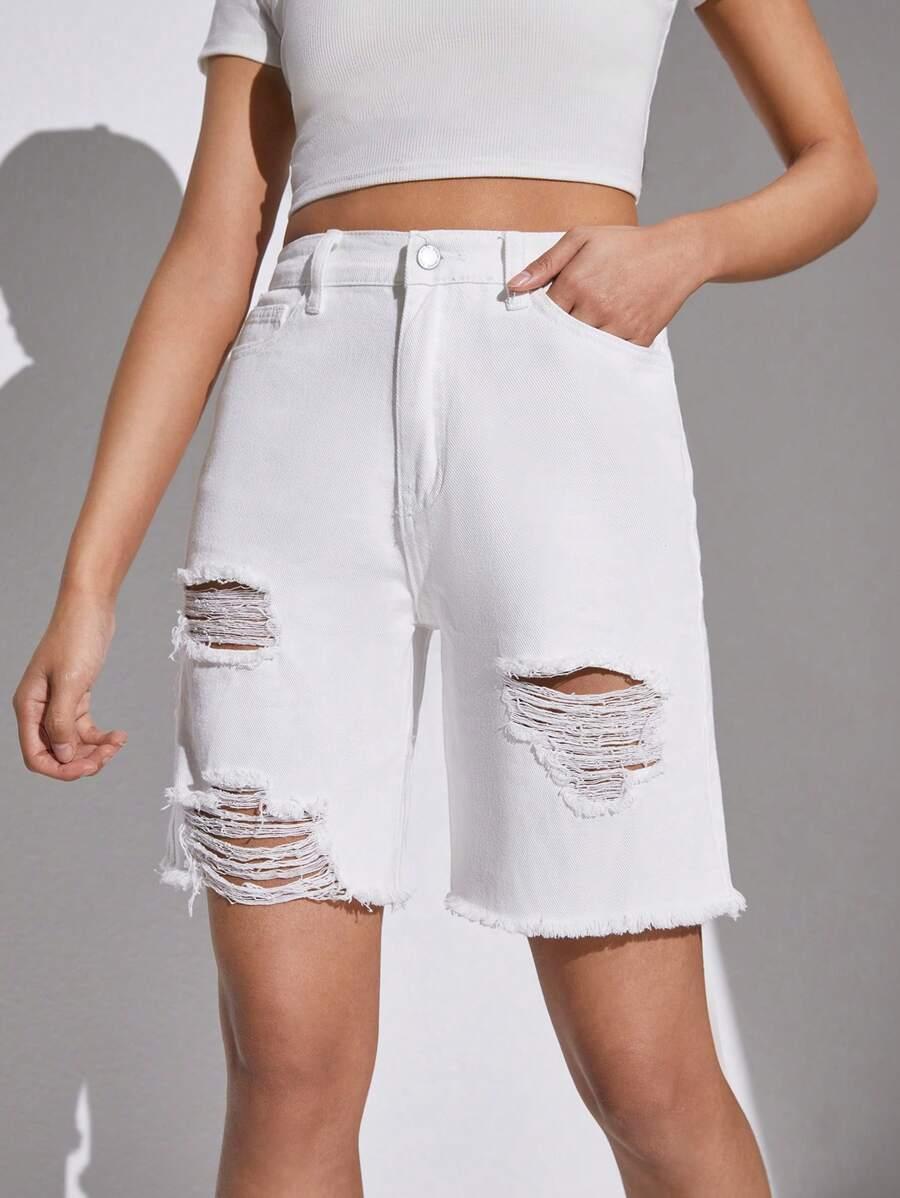 Джинсовые шорты SHEIN для девочки-подростка, 2012 год, 90-е, с рваным подолом, белые повседневные летние джинсовые шорты АРТИКУЛ: sk2311088575562565