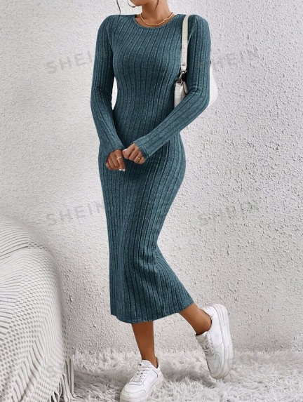 SHEIN Essnce Solid Ribbed Knit Split Back Bodycon Dress