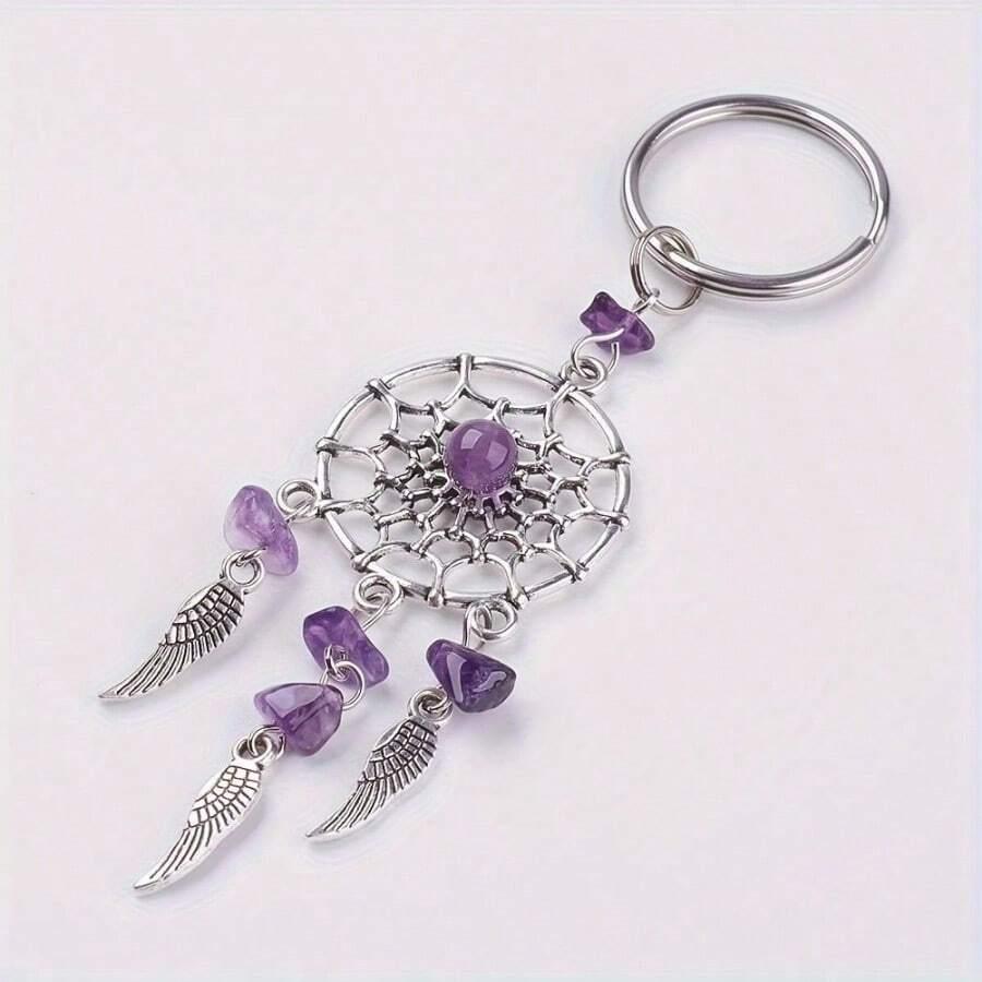 1pc Unisex Natural Crystal Chunks Dreamcatcher Design Stainless Steel Keychain, Ideal Gift For Friends SKU: sc2403257855899930