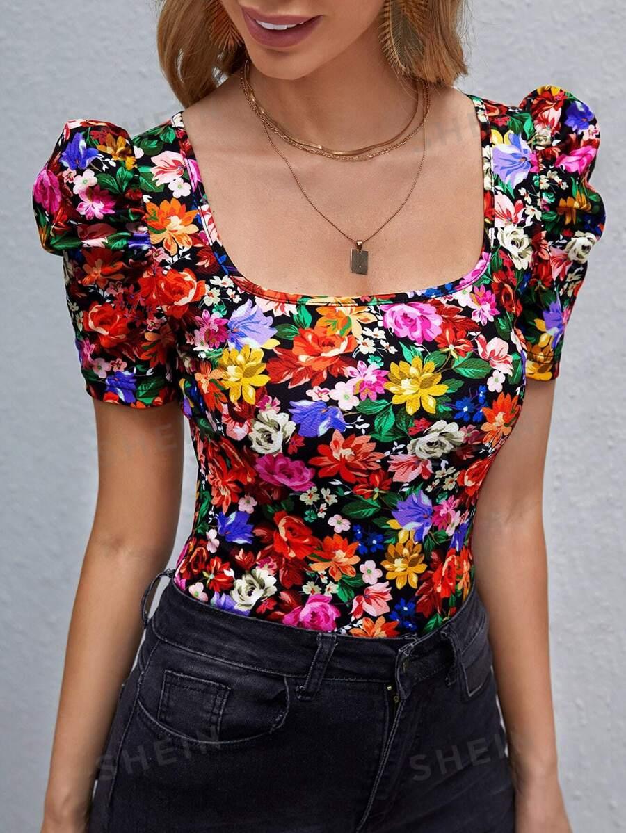 SHEIN Clasi Allover Floral Puff Sleeve Tee SKU: swtee07210616708