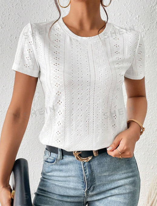 SHEIN Frenchy Solid Eyelet Embroidery Round Neck White Tee SKU: sz2303266866326261