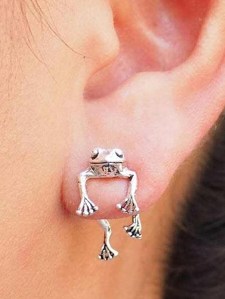1 Pair European And American Fashionable Vintage Silver Frog Earrings For Women, Dual-use Pierced Stud Earrings, Classic Animal Accessories SKU: sj2304248566477047