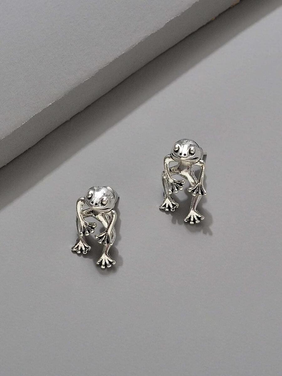 1 Pair European And American Fashionable Vintage Silver Frog Earrings For Women, Dual-use Pierced Stud Earrings, Classic Animal Accessories SKU: sj2304248566477047