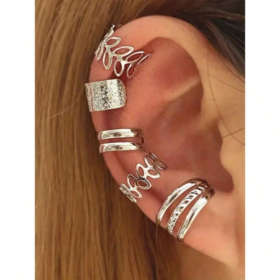 5pcs Women's Leaf Shaped Non Pierced Fake Ear Cuff Earrings Silver Jewelry Set SKU: sj2309121171965286