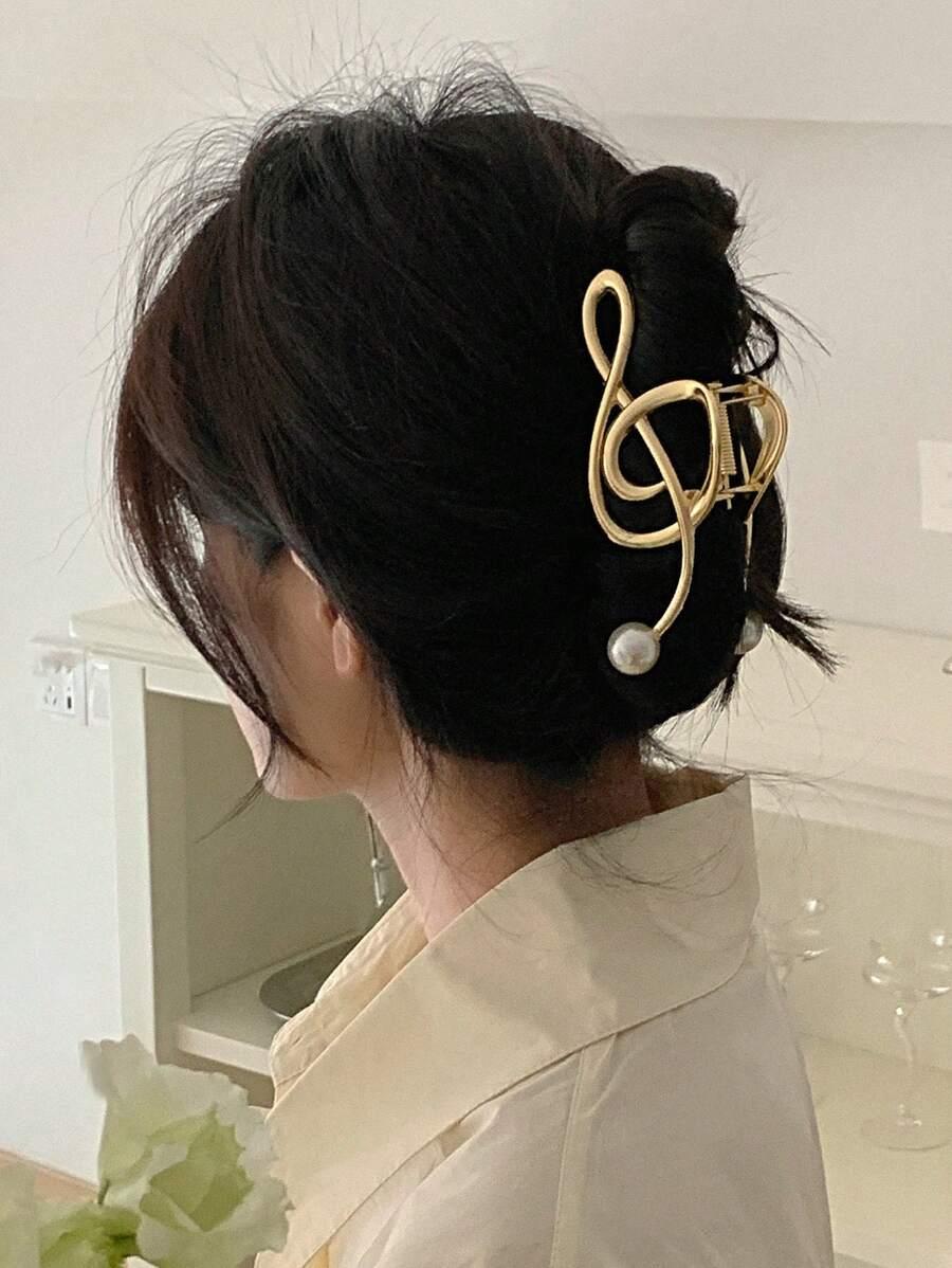 DAZY 1pc Women Faux Pearl Detail Music Note Design Creative Hair Claw Elegant SKU: sc2305030023035055
