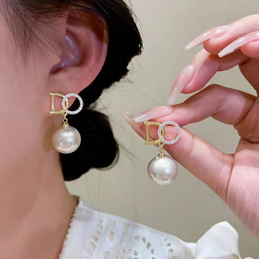 Pin Letter & Faux Pearl & Crystal Decorated Earrings, Fashionable & Elegant Ol Style Ear Jewelry SKU: sj2402229817052500