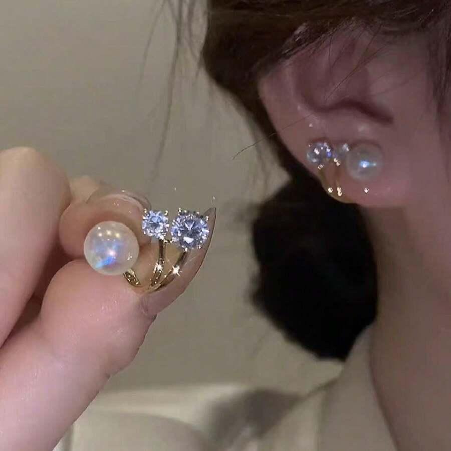 1pair Fashionable European & American Style Faux Pearl Earrings With Rhinestone Detail & Unique Back Design, Elegant Ear Jewelry For Women's Daily Wear SKU: sj2401276549644515