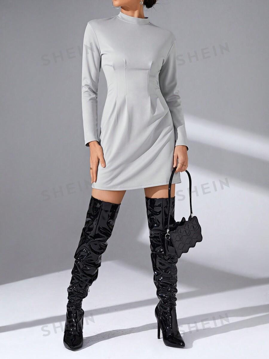 SHEIN Essnce Mock Neck Fitted Dress SKU: sz2309121082046444