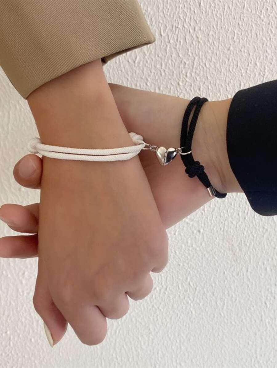 Браслеты дружбы 2шт 2pcs Magnetic Love Heart Black Cord Bracelet Set, Couple Mother Daughter Bracelet Set, Simple And Fashionable Bracelet Set For Couple, Best Friends, And Mother Daughter SKU: sj2301162504030935