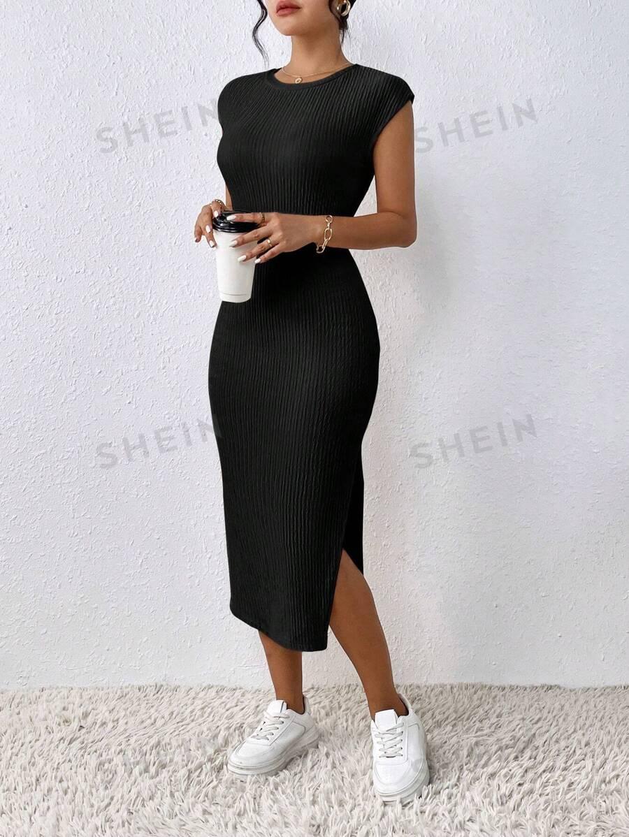 SHEIN Frenchy Summer Leisure Side Split Slim Bodycon Dress, Fit Knitted Ribbed Casual Summer Dress,Cap Sleeve Teacher Dress SKU: sz2308255581175578
