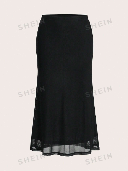 SHEIN EZwear Concert Outfit Fish Tail Star & Sun & Moon Print Black Sheer Mesh Skirt SKU: sw2302288002066633