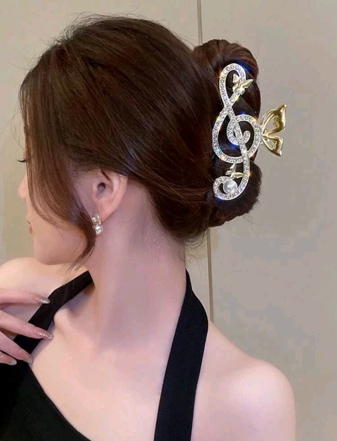 1pc Ladies' Gold-Tone Sparkling Note Shaped Hair Clip, Suitable For Daily Wear Party