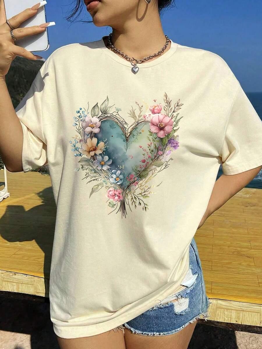 SHEIN Essnce Casual Short-Sleeved T-Shirt With Heart And Flower Printed Pattern For Summer SKU: sz2404086979367334
