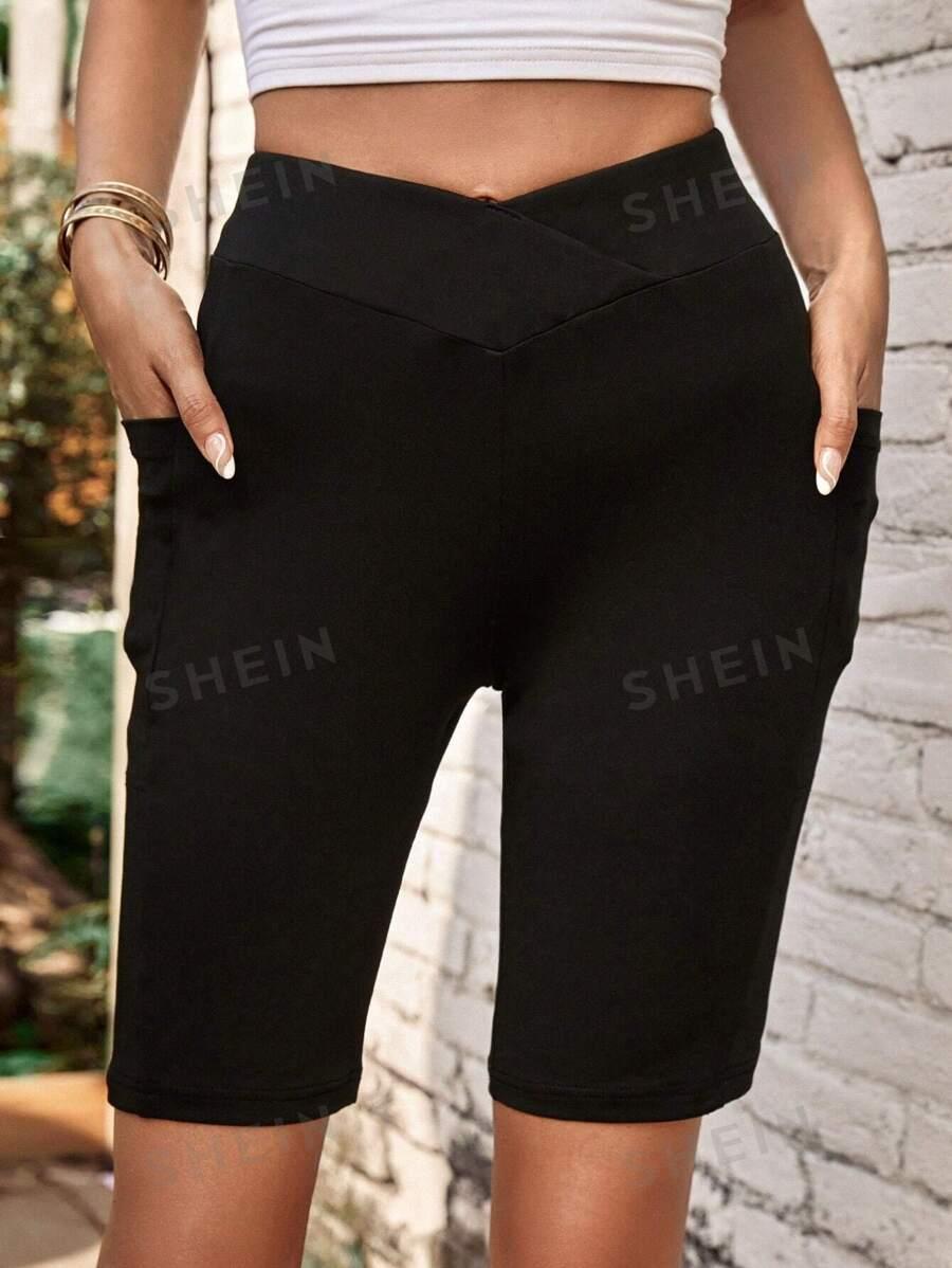 SHEIN LUNE Solid Phone Pocket Side Cycling Shorts SKU: sw2301063938554573