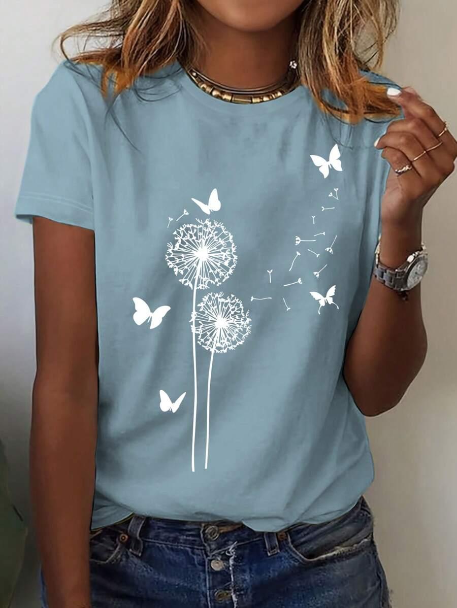 SHEIN LUNE Dandelion Butterfly Pattern Short Sleeve Round Neck T-Shirt Casual SKU: sz2401161171130901