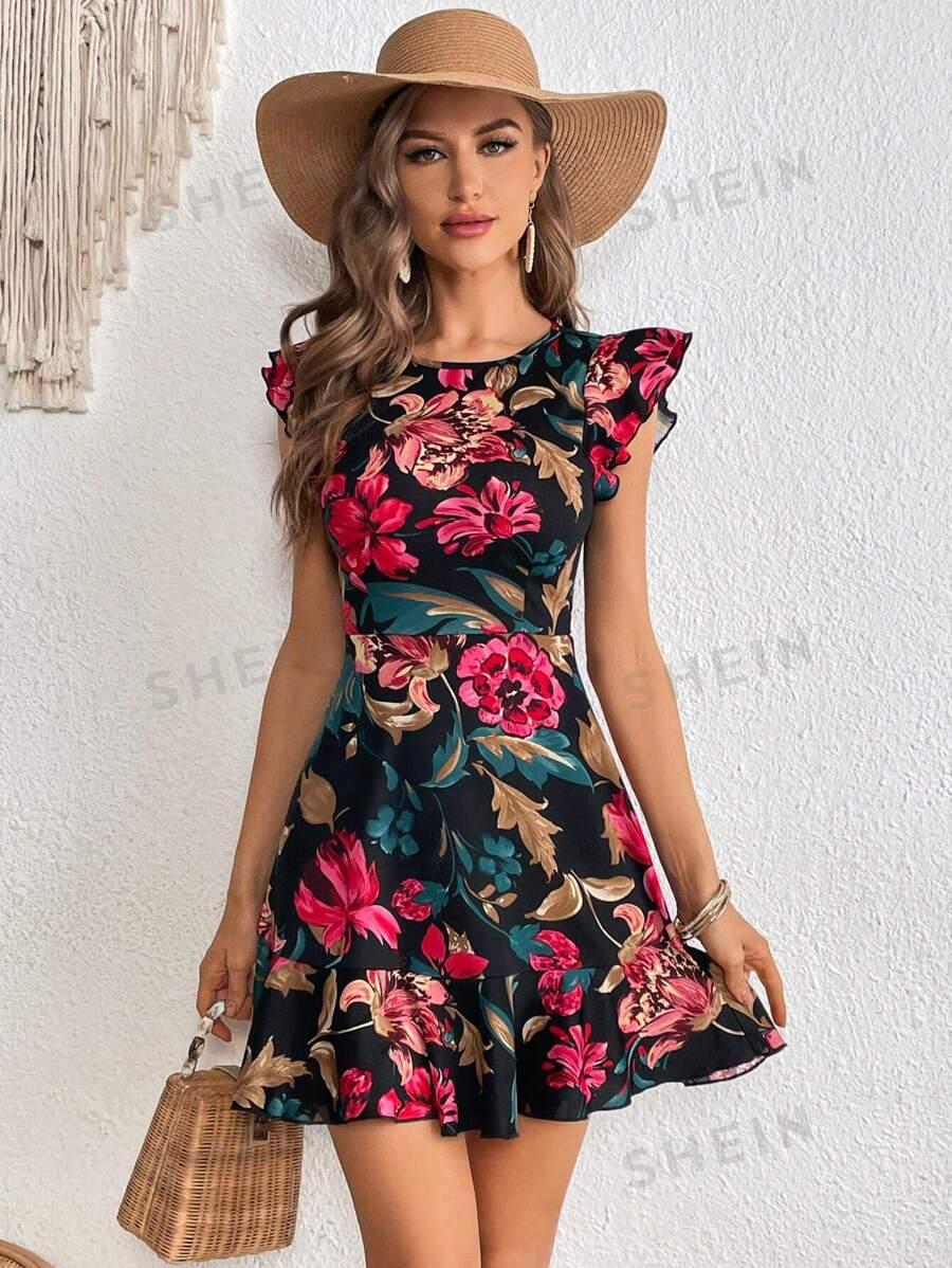 SHEIN Clasi Floral Print Ruffle Trim Dress SKU: sw2301098829211030