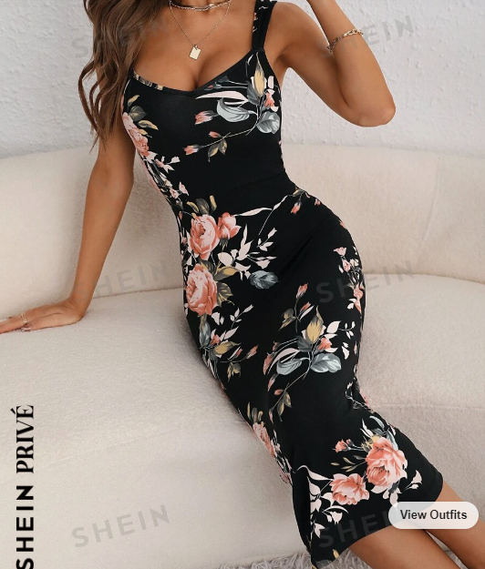 SHEIN Privé Women Floral Print Cami Summer Bodycon Dress SKU: sw2212227331131931