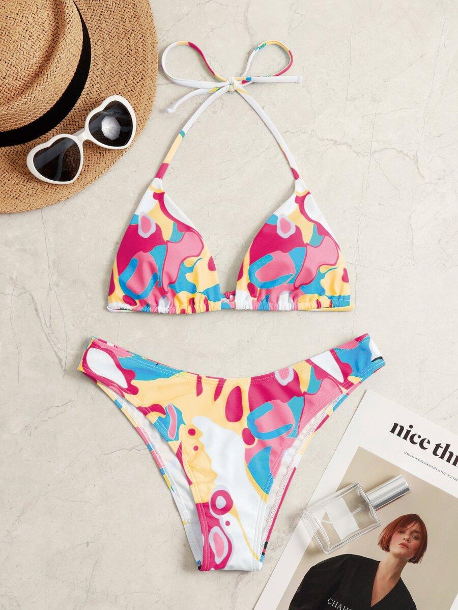 Color Block Halter Triangle Bikini Swimsuit SKU: swswim25210508323