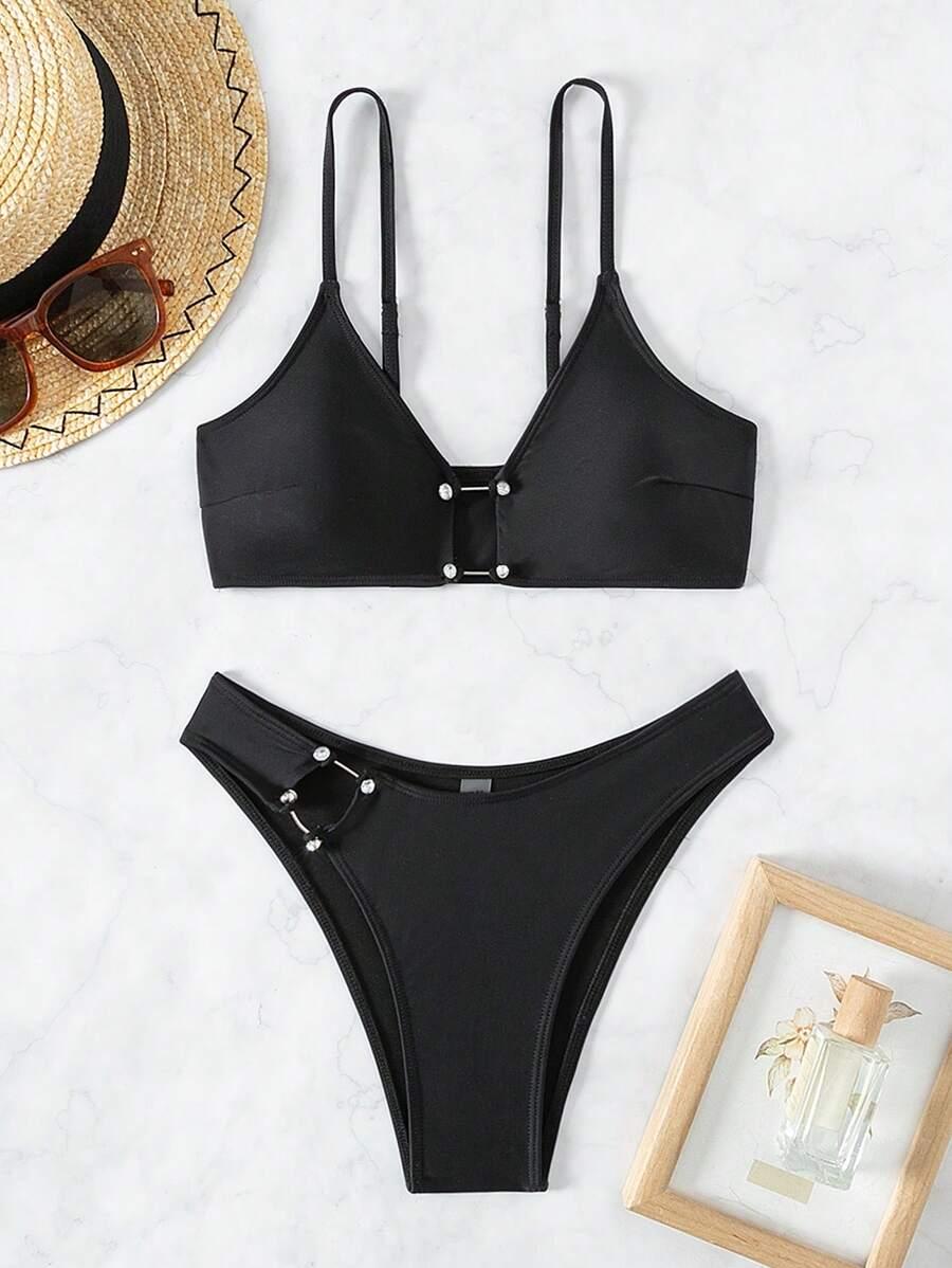 SHEIN Swim Women'S Swimsuit Set With Sparkling Rhinestone Design And Thin Straps SKU: sz2311142590659887