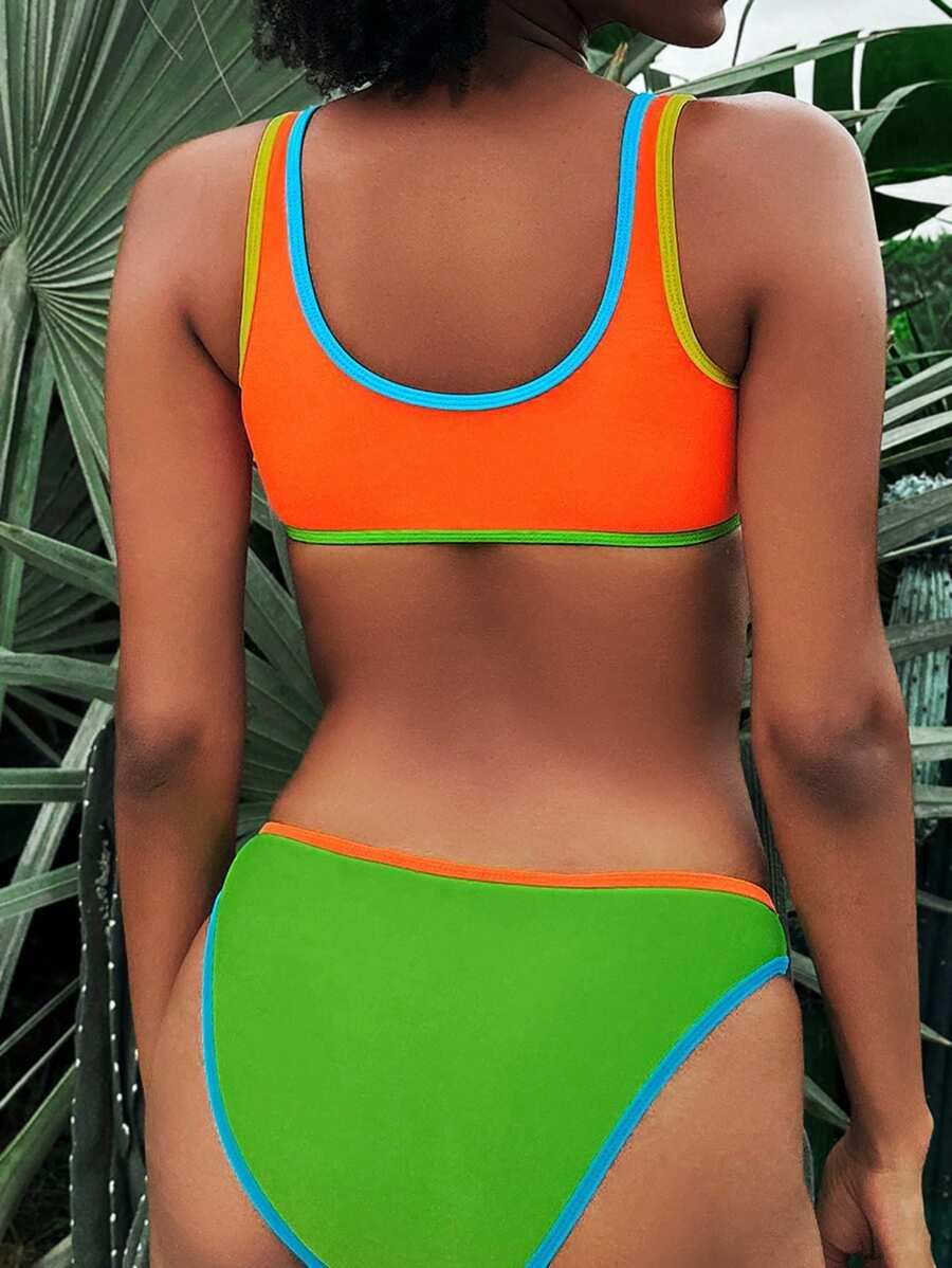 SHEIN Swim Vcay Ladies Beach Vacation Contrast Color Edge Swimsuit Set For Summer Beach SKU: sz2403064433413383