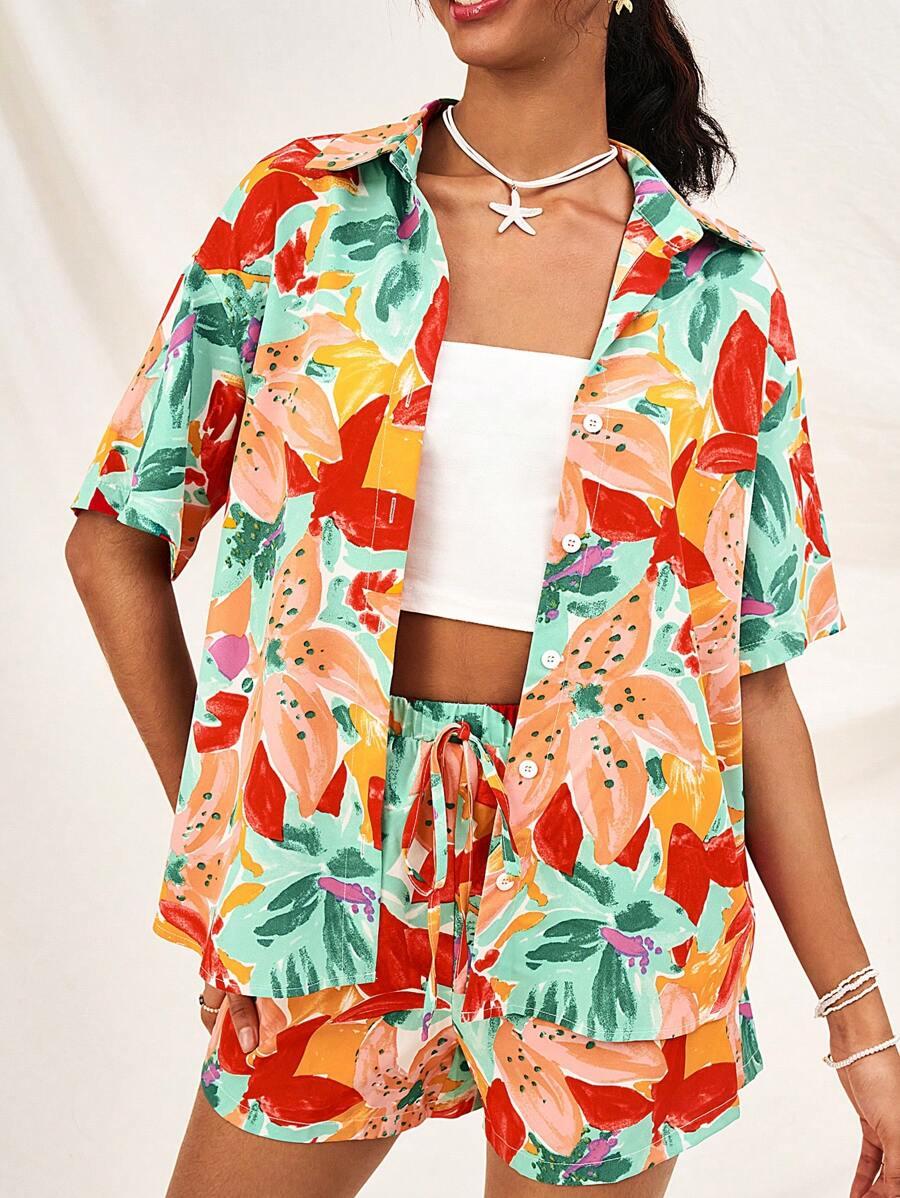 КОМПЛЕКТ  SHEIN WYWH Multicolor Tropical Plant & Flowers Beach Vacation Shirt And Shorts Women 2-Piece Set SKU: sz2403183641691406