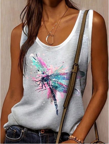 SHEIN LUNE Women's Dragonfly Printed Round Neck Casual Tank Top For Summer SKU: sz2404251481382889