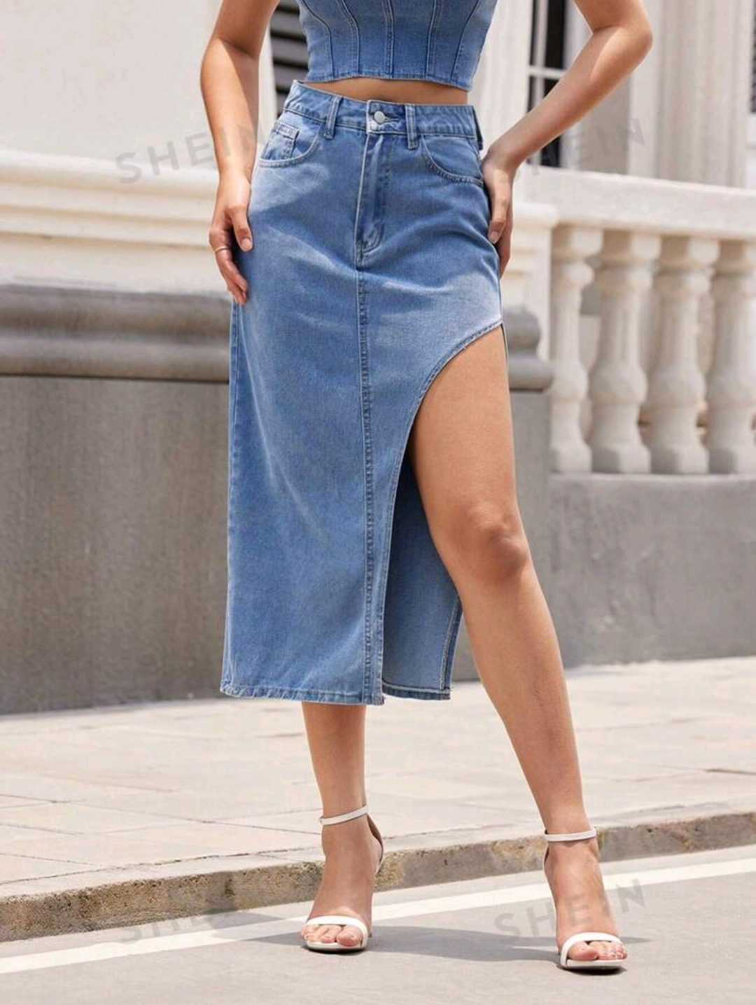 SHEIN Essnce Women's Fashionable Solid Color Asymmetrical Denim Skirt