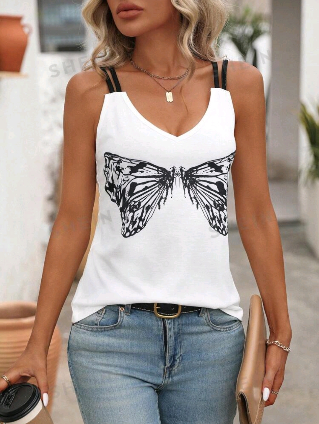 SHEIN Essnce Casual Color Block Butterfly Print Loose Camisole Top With Double Shoulder Straps, Summer