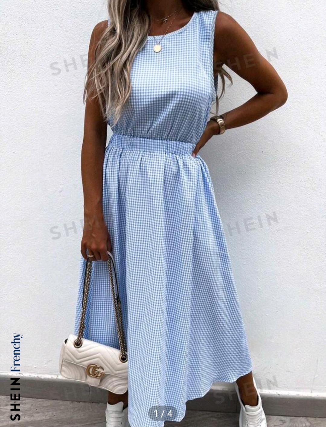 SHEIN Frenchy Color-Block Grids Sleeveless Round Neck Hollow Out Waist Casual Vacation Dress