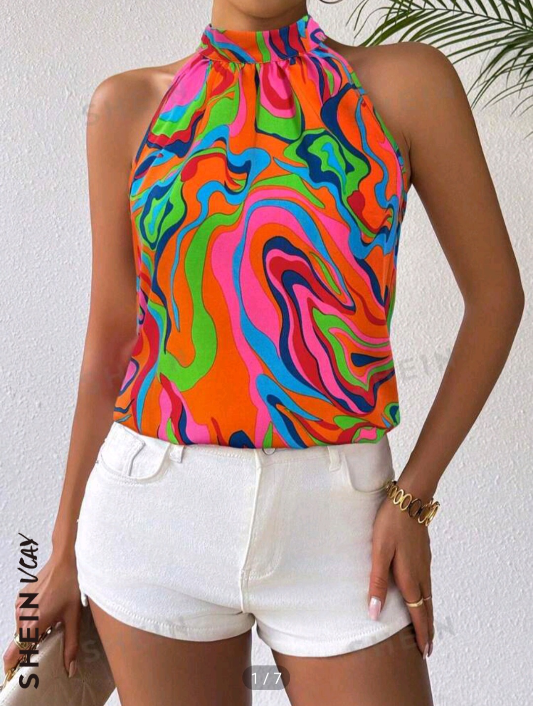 SHEIN VCAY Women's Fashionable Elegant Geometric Pattern Printed Open Shoulder Blouse