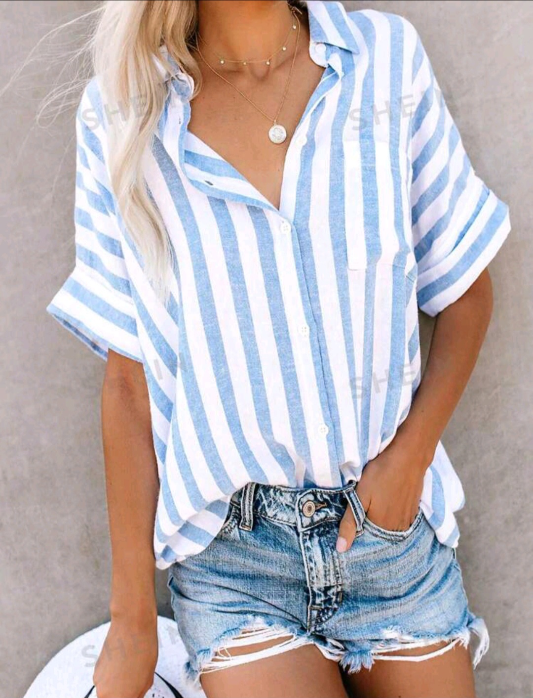 EMERY ROSE Striped Batwing Sleeve Contrast Piping Pocket Shirt