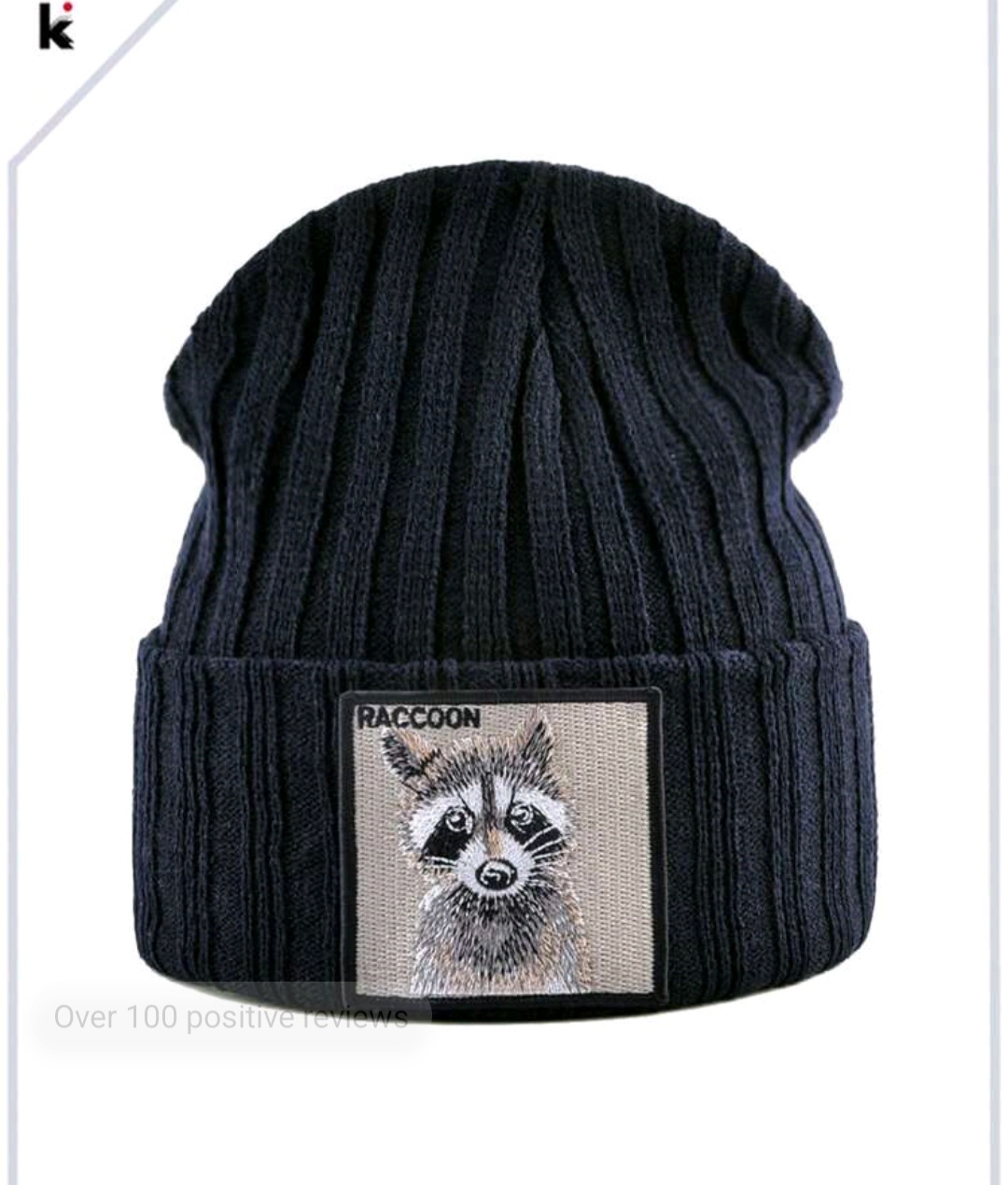 1pc Unisex Black Knitted Beanie Embroidered With Raccoon Patch, Couples Hat For Daily Casual Wear Cute