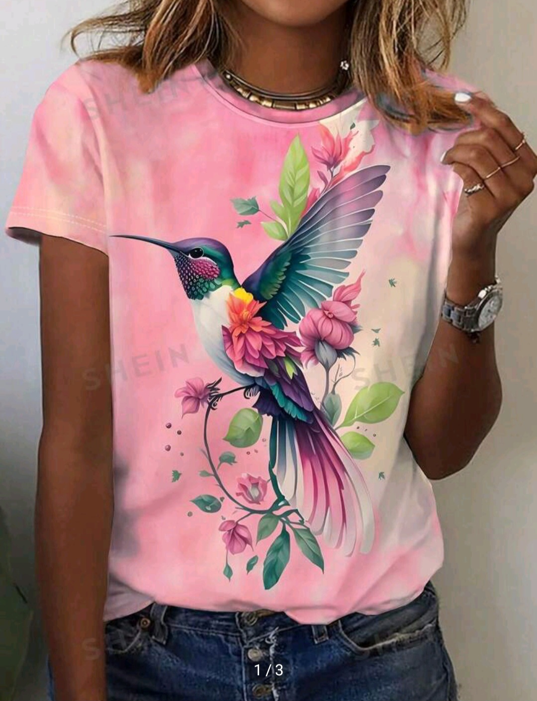 SHEIN LUNE Women's Summer Floral Bird Printed Short Sleeve T-Shirt