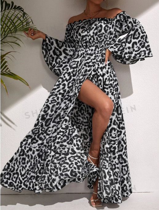 SHEIN VCAY Leopard Flounce Sleeve Split Thigh Bardot Dress SKU: sw2201059671961116