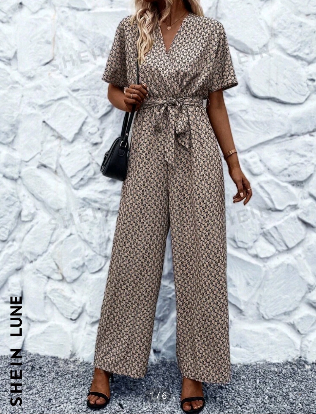 SHEIN LUNE Allover Print Batwing Sleeve Belted Jumpsuit