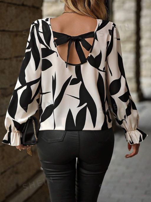 SHEIN Frenchy Long Sleeve Round Neck Floral Print Backless Bow Decor Casual Blouse SKU: sz2406181130502093