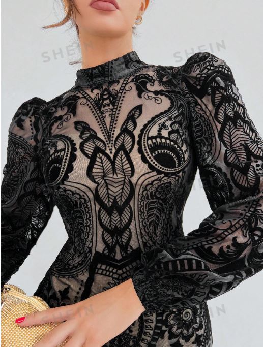 Aloruh Plush Gathered Waist Elegant Puff Sleeve Dress SKU: sz2310129801363750
