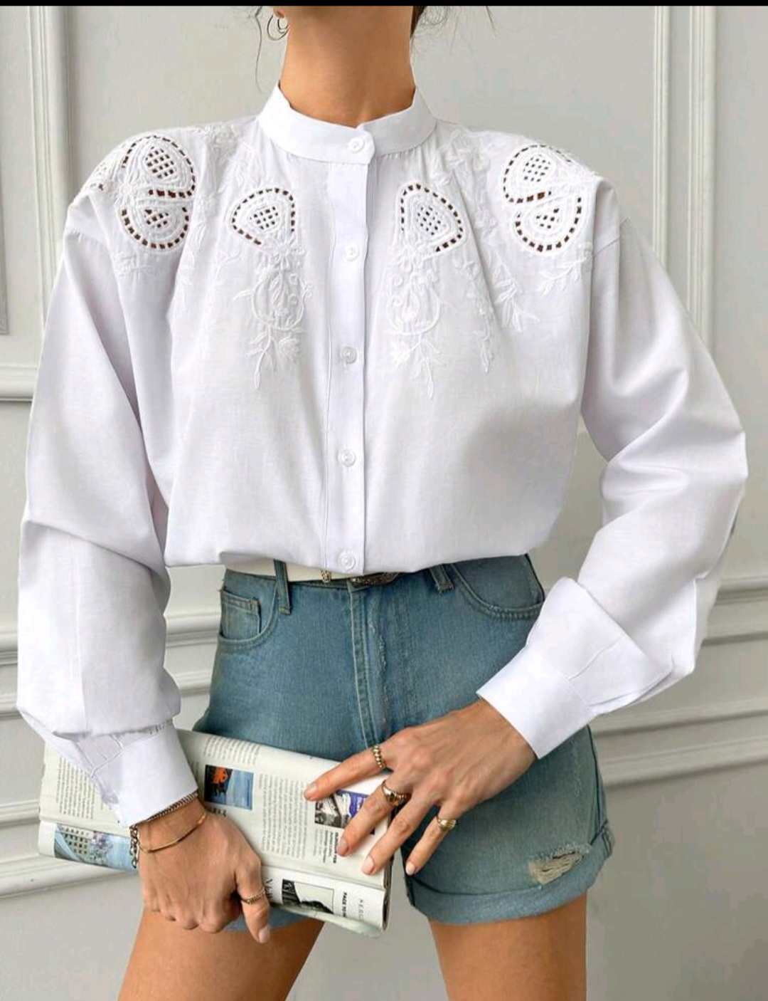 V Shape Band Neck, Made Of Woven Fabric, Embroidery On Front  Shoulder, Floral Design Shirt