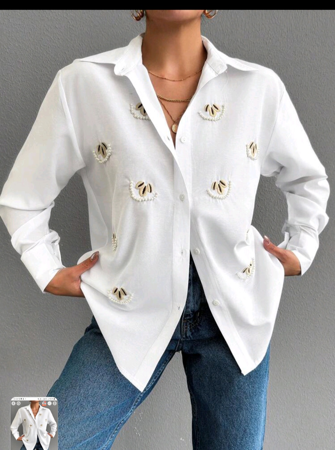 SHEIN Pearl Embroidery Long Sleeve Shirt