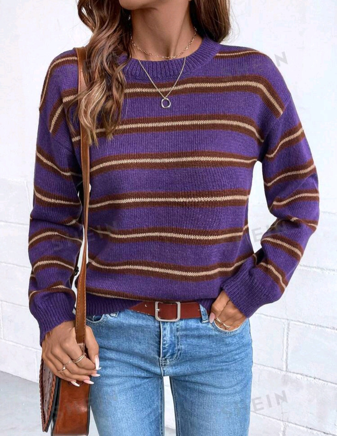 SHEIN LUNE Spring/Autumn Casual Colorblock Stripe Loose Knit Sweater