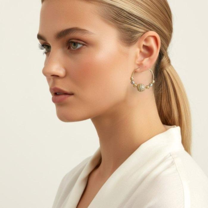 Серьги кольца с подвесками ювелирная бижутерия Итальянское золото (покрытие желтое 14к), вставка: фианит, цвет: прозрачный, арт.217.201