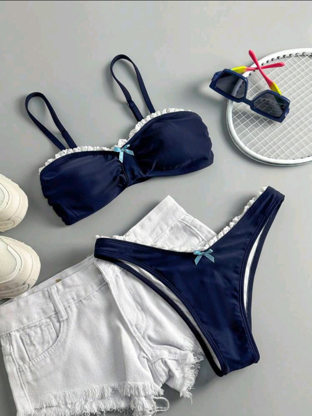 Swim Mod Ruffle Front Solid Color Bowknot Bikini Set Summer