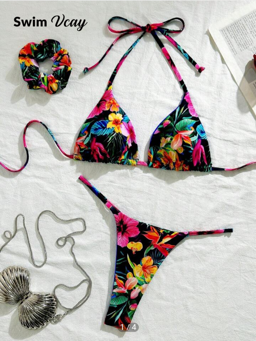 Swim Vcay 2pcs/Set Tropical Printed Double-Sided With Scrunchie Fashionable Triangular Halter Bra And Swimwear Bikini Set, For Summer Beach Vacation