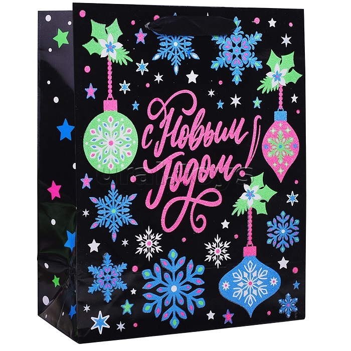 Бумажный пакет для сувенирной продукции, флуоресцентная печать, с шириной основания 26 см.