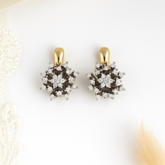 Серьги цветы ювелирная бижутерия Итальянское золото покрытие желтое 14к вставка фианиты цвет прозрачный Предыдущий