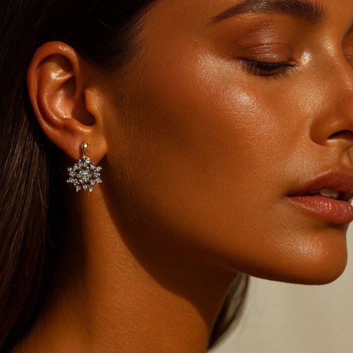 Серьги цветы ювелирная бижутерия Итальянское золото покрытие желтое 14к вставка фианиты цвет прозрачный Предыдущий